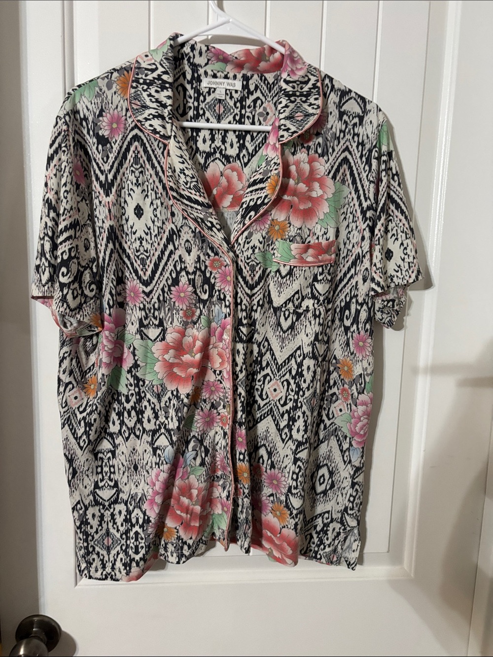 Johnny Was Black, White & Pink Floral Pajama Top